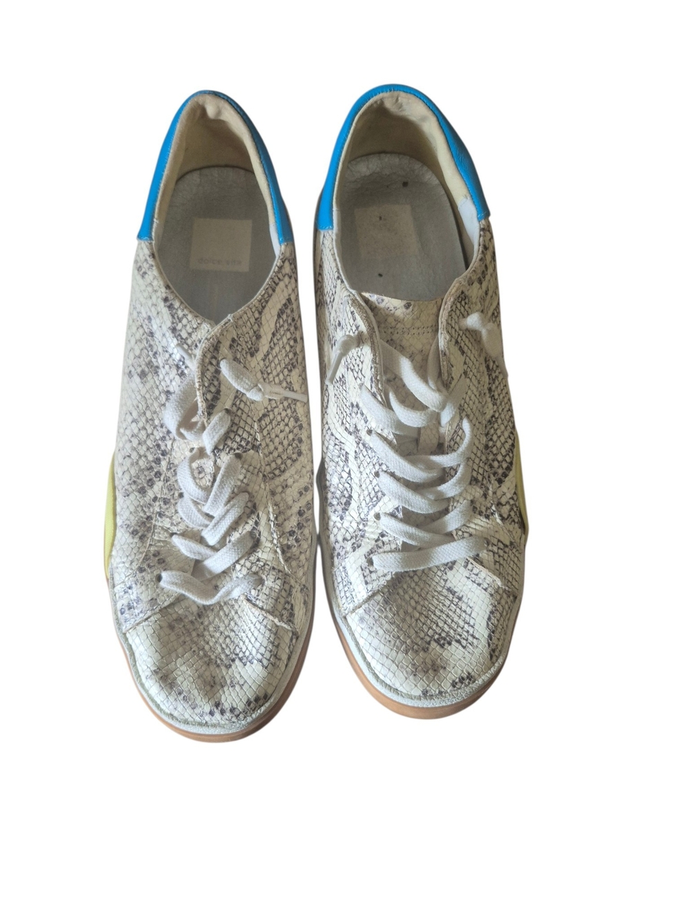 DV by Dolce Vita White Snake-Print Lace-Up Sneakers with Blue and Yellow 10
